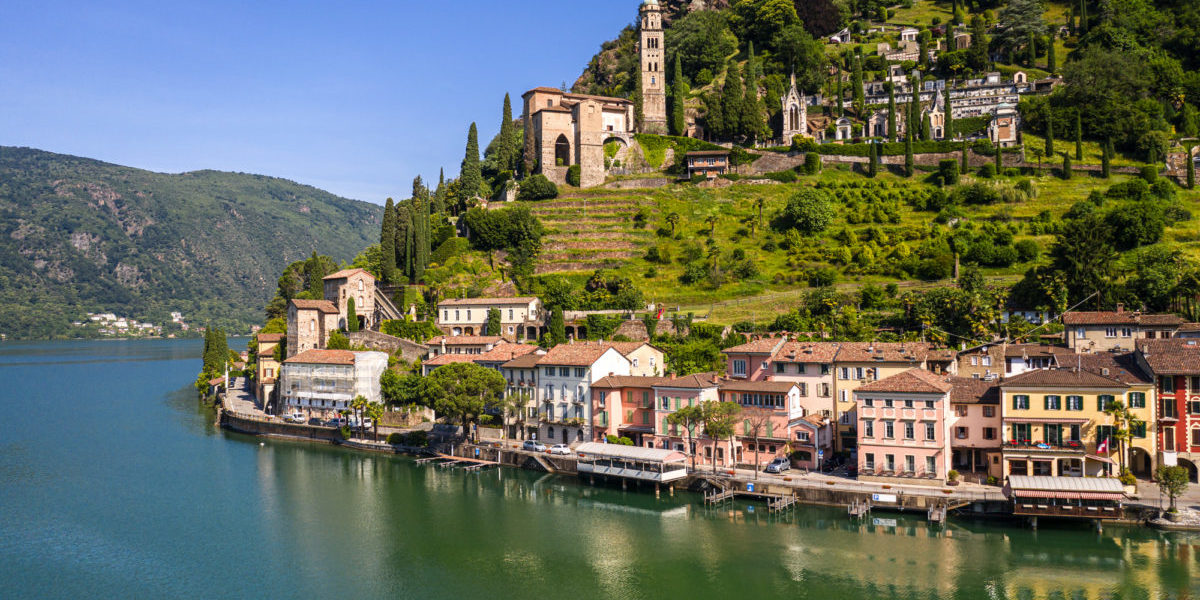 Stunning view of the Morcote traditional village by lake Lugano in Canton Ticino in Switzerland